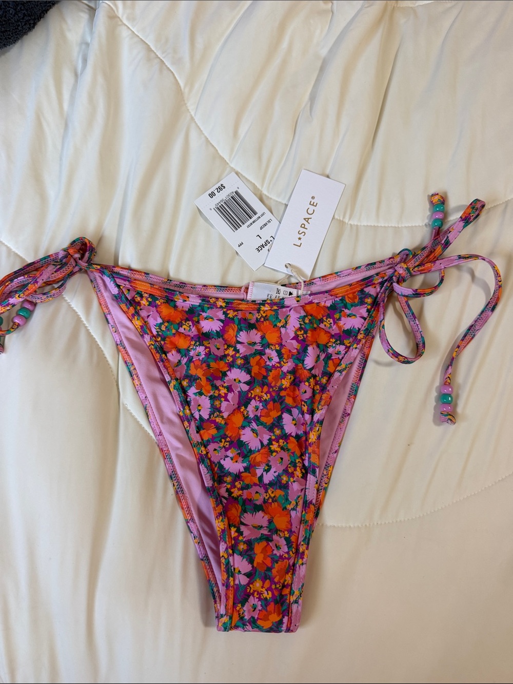 l*space Pink Floral Tie-Side Bikini Bottom with Orange Accents Large
